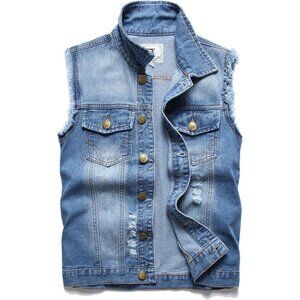 A light blue sleeveless denim vest with a faded wash frayed Vest for Men's